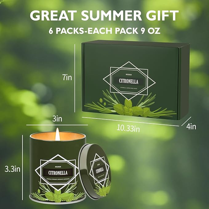 Citronella Candles Outdoor, 6-Pack Citronella Candles for Outside Patio, Camping & Garden, Summer Gifts for Indoor Home Scented, 50-Hour Burn Time, 9 Ounce Each