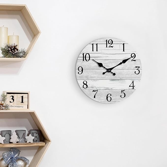 Wall Clock Battery Operated 12 Inch Gray Silent Non Ticking Country Rustic Design Vintage Retro Decorative for Bathroom Kitchen Living Room Bedroom