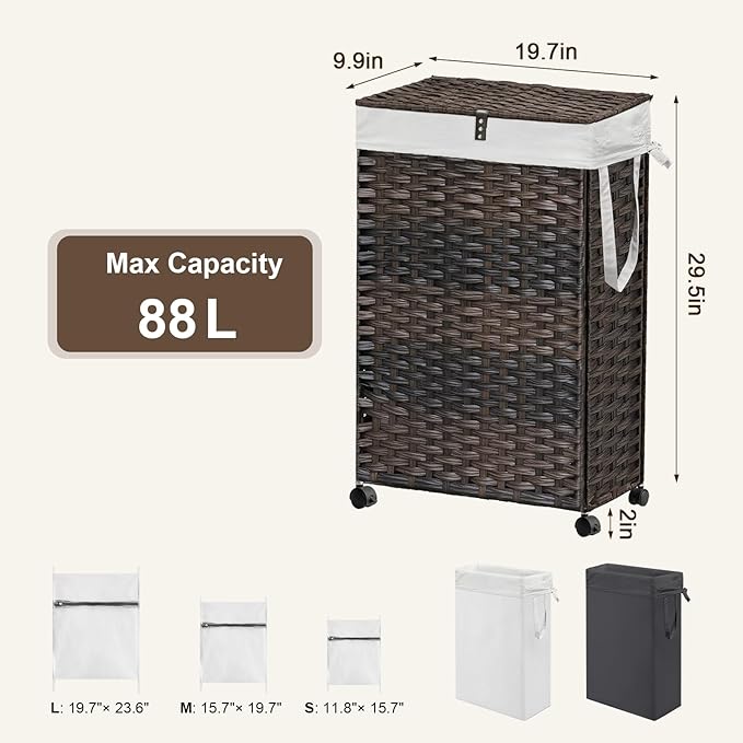 88L Slim Laundry Hamper with Wheels, 23.3 Gallon Rolling Laundry Basket with Lid, Tall and Narrow Laundry Hamper with 2 Removable Liner & 3 Mesh Laundry Bags, Laundry Sorter for Bathroom, Brown