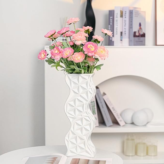 Modern White Ceramic Tall Vase, 15.94" Decorative Centerpiece for Living Room, Shelf, Table - Minimalist Twisted Design, Home Decor Flower Vase for Creative Displays