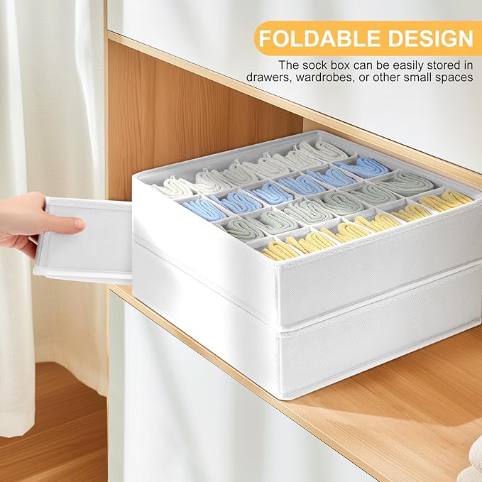 Joyoldelf Sock Organizer Drawer Organizer - Underwear Organizer, 24 Cell Collapsible Closet Organizers and Storage Sock Holders Organizers for Storing Socks, Ties, Belts 6 Pack White