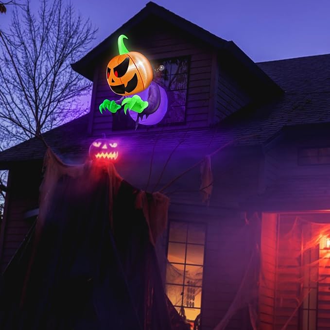 TURNMEON 4 Ft Halloween Inflatable Decorations Outdoor Pumpkin Ghost Broke Out from Window, Blow Up with Build-in LED Lights for Halloween Decorations Outside Indoor Home Party Yard Garden Lawn Decor