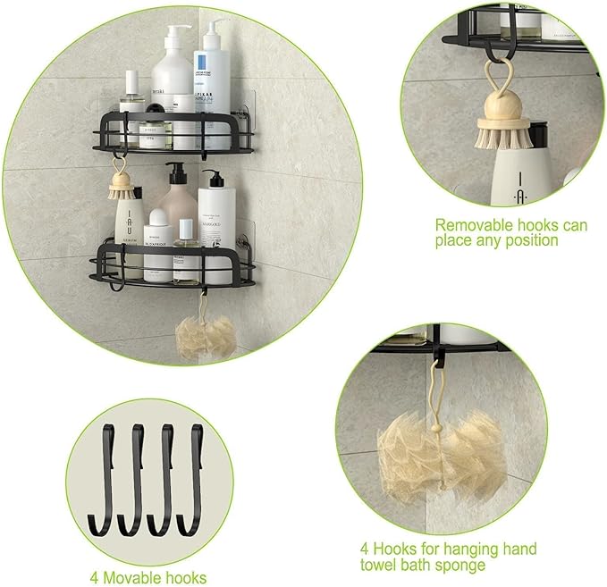 STEUGO Black Bathroom Corner Shower Shelfs, Adhesive Wall Mounted Shower Caddy with 4 Movable Hooks, Rustproof Stainless Steel Bathroom Shower Organizer, No Drilling Wall Mount 2-Pack