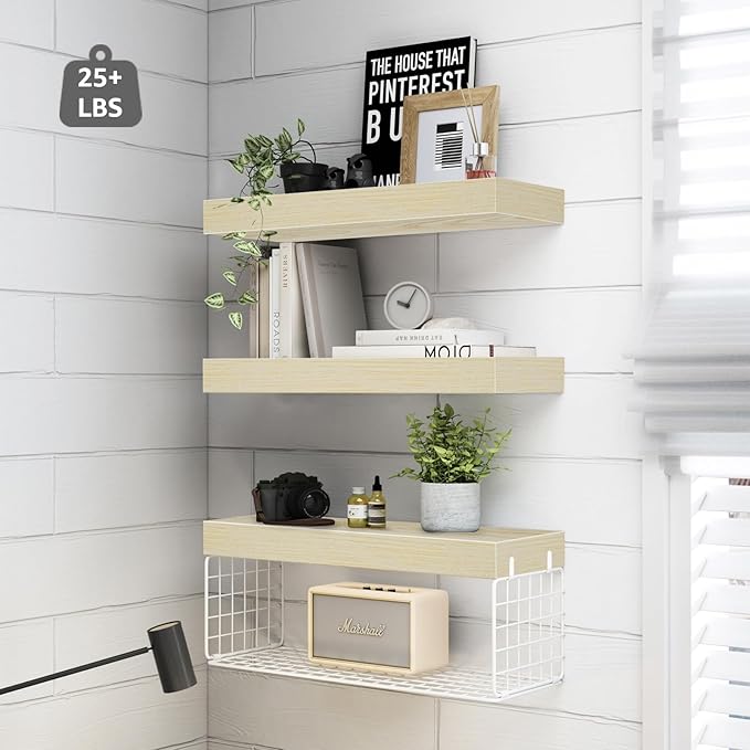 QEEIG Bathroom Shelves Over Toilet - Wall Mounted Floating Shelves Toilet Paper Storage Small Farmhouse Decor Shelf 16 inch Set of 3, Natural (019-BNW3)