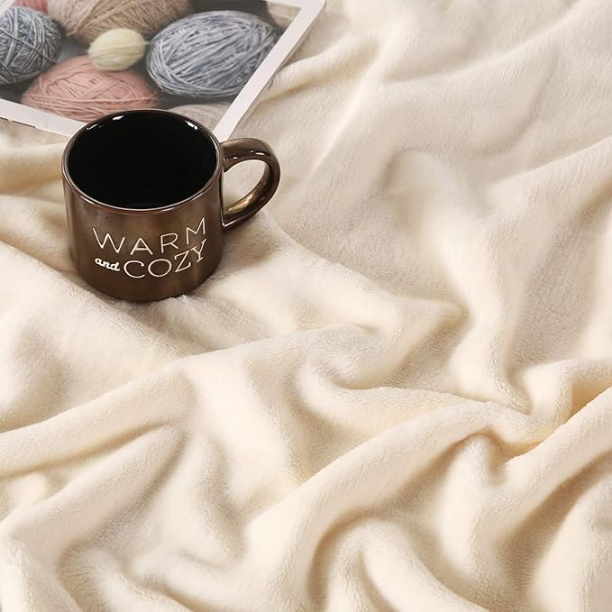 TASTHROW Large Flannel Fleece Throw Blanket, 60×80 Inch - Cozy Lightweight Thick Blanket - All Seasons Suitable for Women, Men and Kids (Cream White)