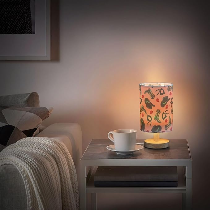 Table Lamp Retro Cowgirl Pattern Cowboy Hat Boot Bandanas Rose Nightstand Lamp with Wood Base Fabric Lamp Shade Bedside Desk Lamp for Living Room Bedroom Kids Room Office