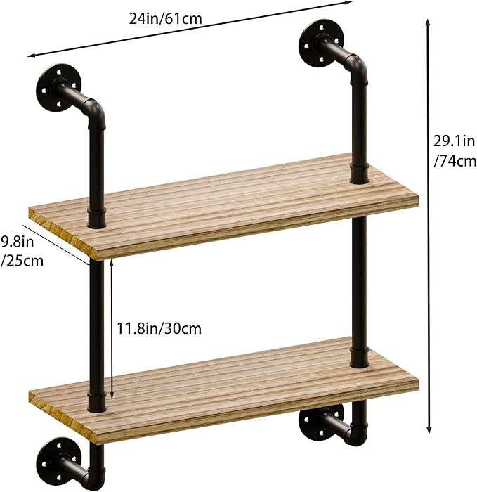 2 Tier Industrial Pipe Shelf,24 inch Industrial Wall Shelves,Rustic Wall Mounted Bookshelf,Floating Shelf with Pipe,Pipe Shelving for Bathroom,Living Room,Kitchen,Bedroom