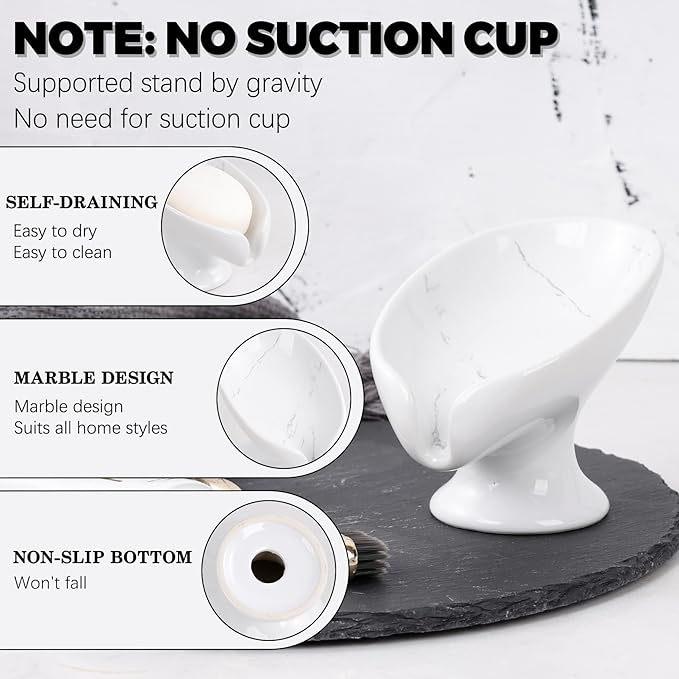 Soap Dish Set, Self Draining Bar Soap Holder for Bathroom Sink, Leaf Shaped Drainage Soap Dish Ceramic Marble Porcelain Decorative Soap Dishes 2PCS, No Suction Cup, ANTIS'S HOME