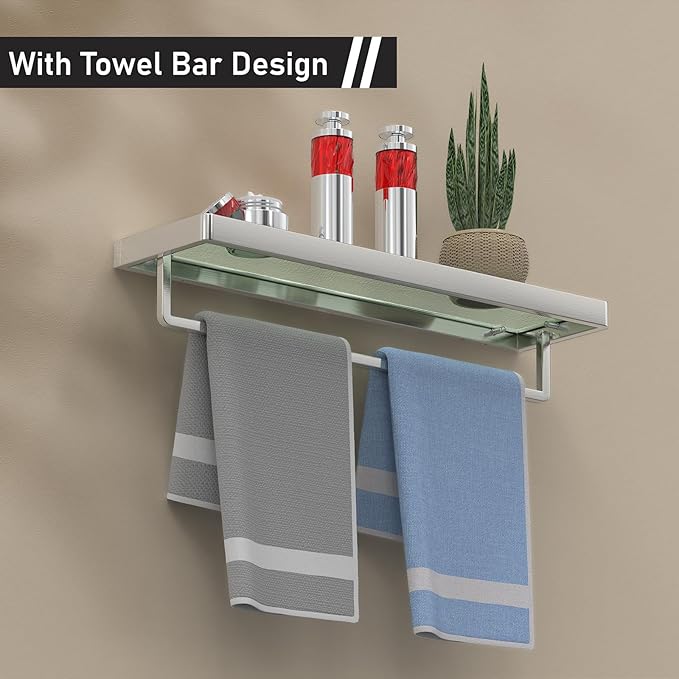 Glass Shelves/Shelf Wall Mount 20-in with Towel Bar/Rack Floating Shelves for Bathroom Tempered Glass Rectangular 1 Tier Organizer Wall Shelf (Brushed Nickel, 20'')
