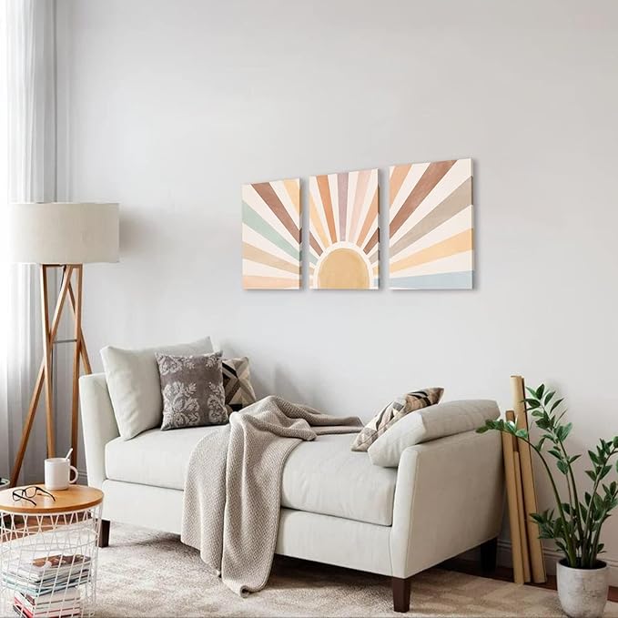 Boho Sun Wall Art Set of 3, Framed Canvas Wall Art Rainbow Sun Rising on the Horizon Geometric Nature Illustrations Line Art Wall, Office, 12"x16" Watercolor