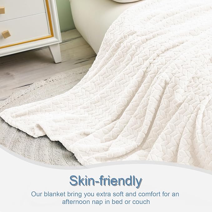Exclusivo Mezcla Off White Fleece Queen Size Blanket for Bed, 90x90 Inches Soft Cozy Jacquard Flannel Blankets, Lightweight Fuzzy Plush Warm for All Seasons