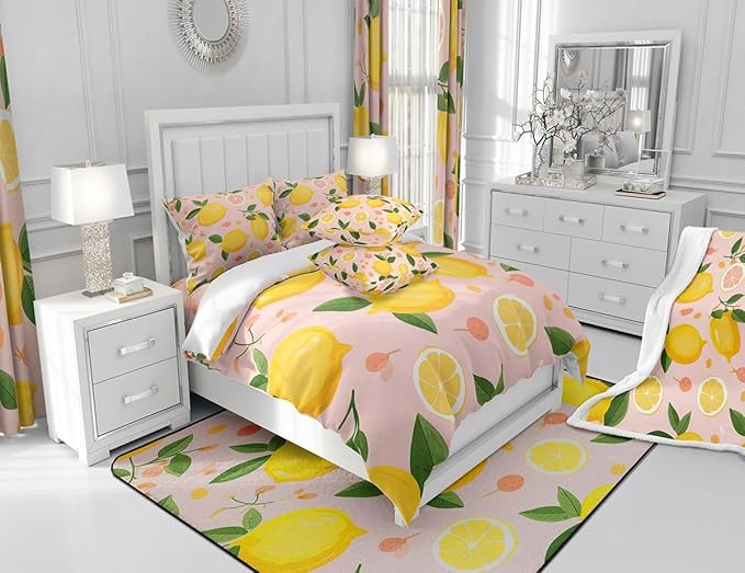 Feelyou Lemon Shower Curtain Kids Cartoon Lemon Fabric Shower Curtain Citrus Bathroom Waterproof Accessories with 12 Hooks for Women Men Yellow Pink Curtains,72x84 Inches