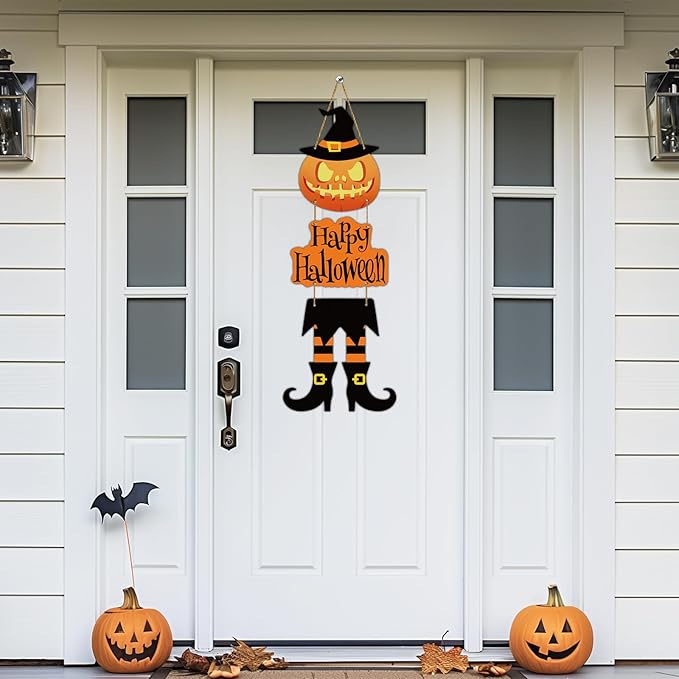 Halloween Door Decorations Halloween Wreath Witch Legs Front Door Hanger Scary Pumpkin Witch Hat Hanging Sign Wooden Wall Decor for Room Party Indoor Home Decor