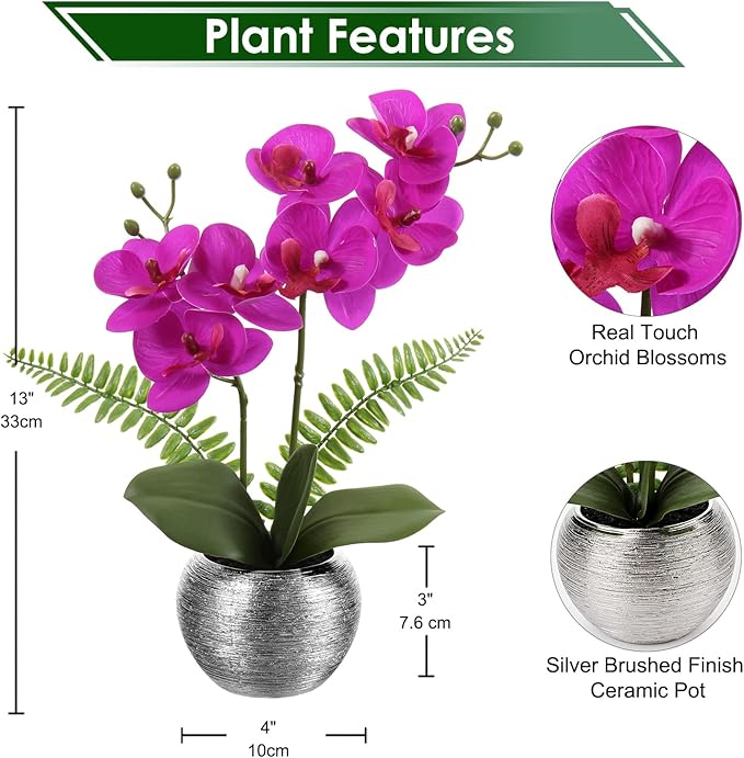 Briful Fake Orchid Fake Flowers 13'' Purple Orchids Artificial Flowers with Silver Ceramic Vase Faux Orchid for Home Office Decor Indoor