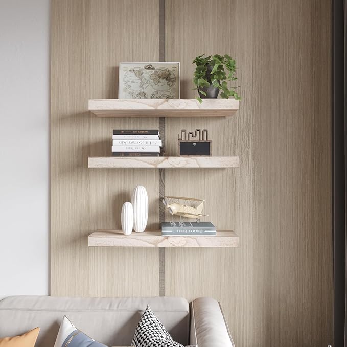 Floating Shelves Wall Shelf Solid Wood Mounted Storage for Bedroom Living Room Set of 3, Rustic Torched Wall Shelves