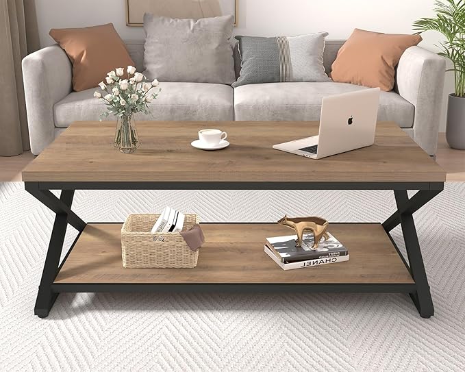 HSH Rustic Wood Coffee Table, Modern Farmhouse Living Room Table, Minimalist Center Table with Storage & Display Shelf, 2 Tier Simple Rectangle Cocktail Tea Table for Home Office Bedroom, 47 Inch