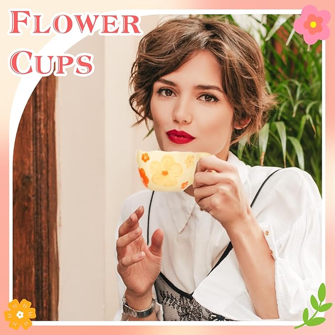 Ceramic Coffee Mug Vintage Flower Mugs 8 oz Cute Floral Coffee Mugs Irregular Latte Art Cup Lead-free Porcelain Cups for Cappuccino, Cocoa (Orange Flowers)