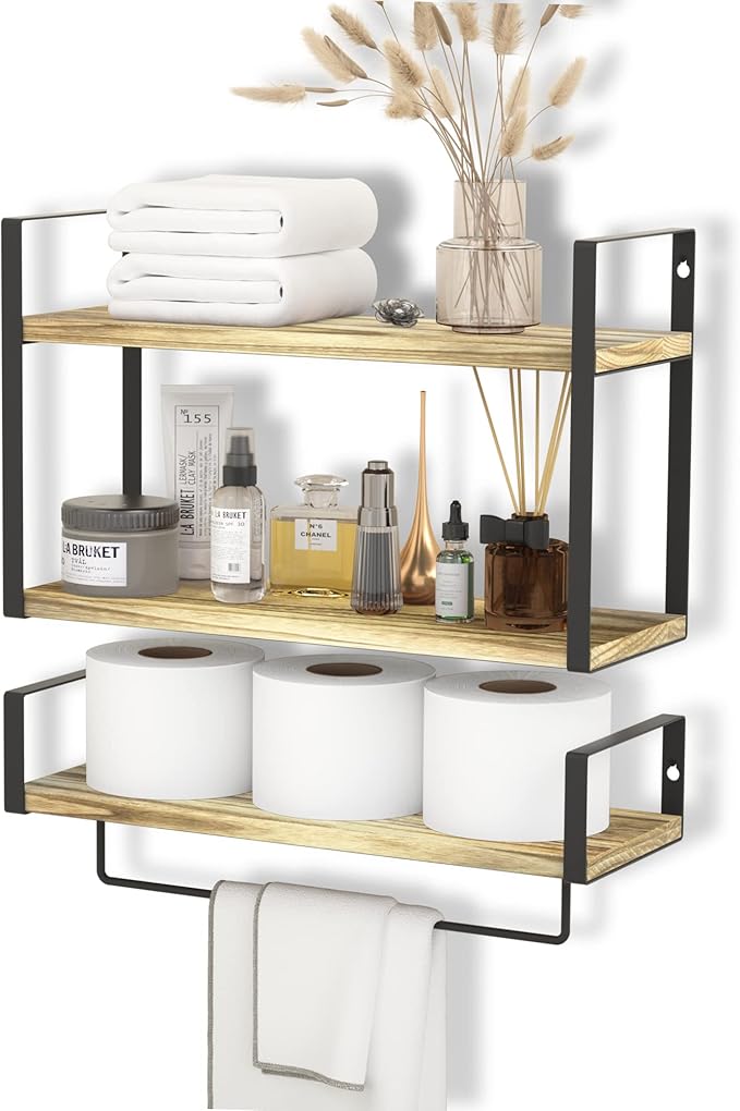 ZGO 2+1 Tier Floating Shelves Wall Mounted Set of 2, Rustic Wood Wall Shelves with Metal Frame Tissue Rack and Towel Bar for Bedroom, Bathroom, Living Room, Kitchen, Storage & Decoration, Wood