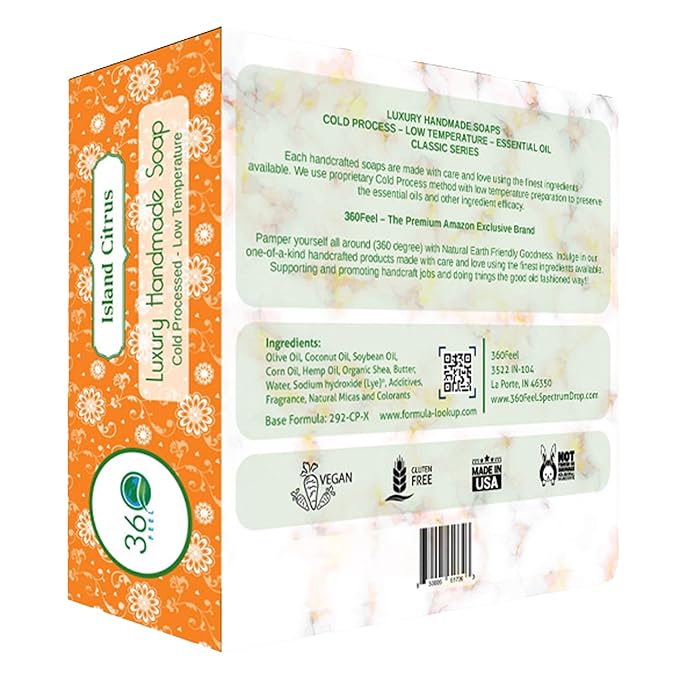 360Feel Island Citrus Soap - Handcrafted Castile Bar Soap with a Tropical Scent - Handmade with Essential Oils - Ideal Gift for Anniversaries, Weddings, and Holiday Stockings - Rich Lather - 5 Ounce