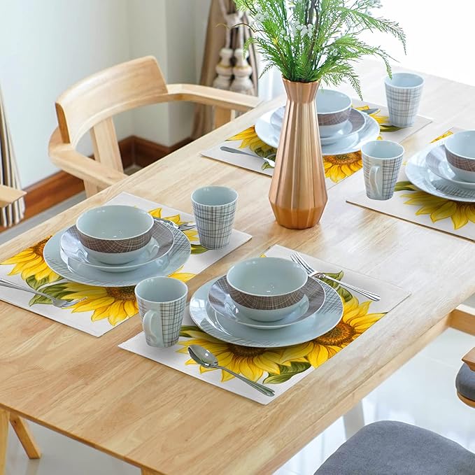 Sunflower Placemats Set of 4 Watercolor Sunflower Washable Non-Slip Heat Resistant 12×18 Inch Summer Florl Thick Place Mats Decorative Linen Fabric Table Mat for Dining Table