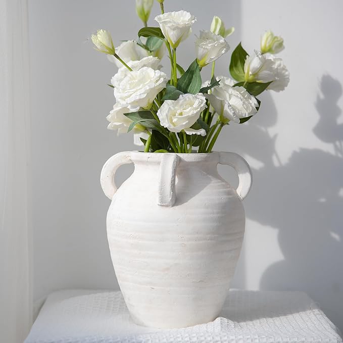 Rustic White Ceramic Vase, Wide Mouth Terracotta, Antique Decorative Flower Vase with 4 Handles, 9.7 in