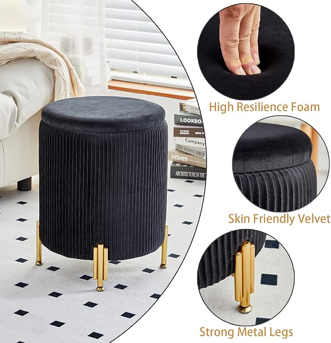 Mxfurhawa Round Ottoman Foot Stool with Storage and Metal Legs for Living Room Bedroom, Velvet Upholstered Footrest Stool Support 300lbs Modern Padded Seat Ottoman Coffee Table (Black)