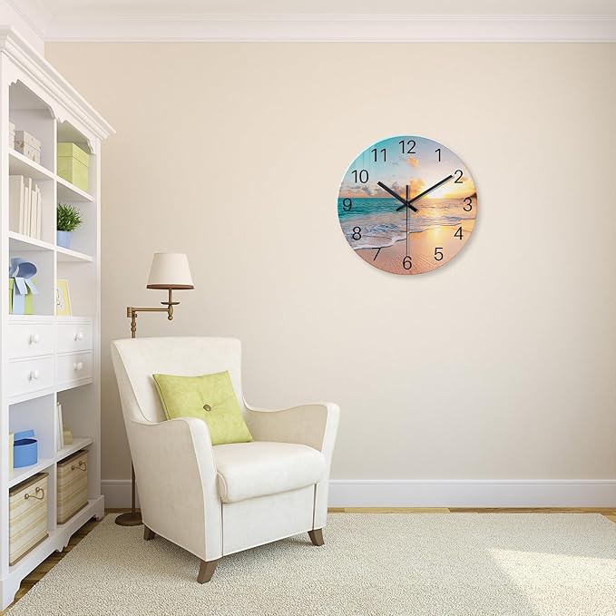 Beach Wall Clock Battery Operated 12 Inch Glass Wall Clock Non Ticking Analog Blue Clock for Bedroom Living Room Office
