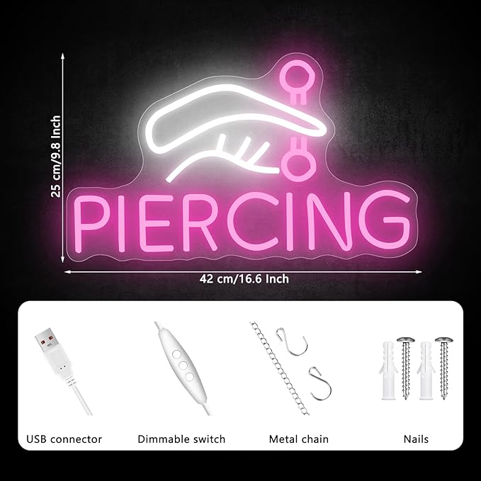 Piercing Neon Sign, Tattoo Neon Signs for Wall Decor, Dimmable Led Signs for Bedroom, Light Up Signs for Tattoo Salon Studio Ear Body Piercing Shop Business Decoration