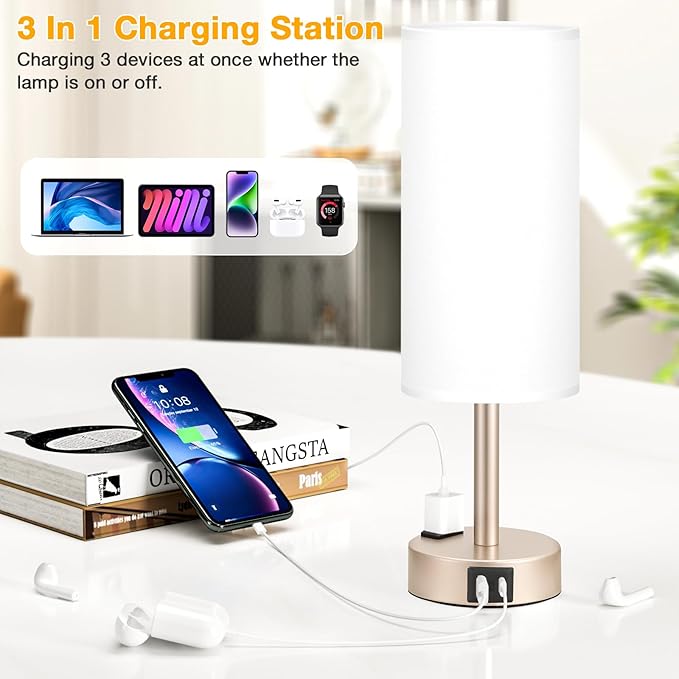 Touch Bedside Table Lamps Set - 3 Way Dimmable Bedroom Lamps Set of 2 with USB C and A Ports, Small Lamps for Nightstand with AC Outlet, Gold Base Round Flaxen Shade for Desk, Office, Dorm, Nursery