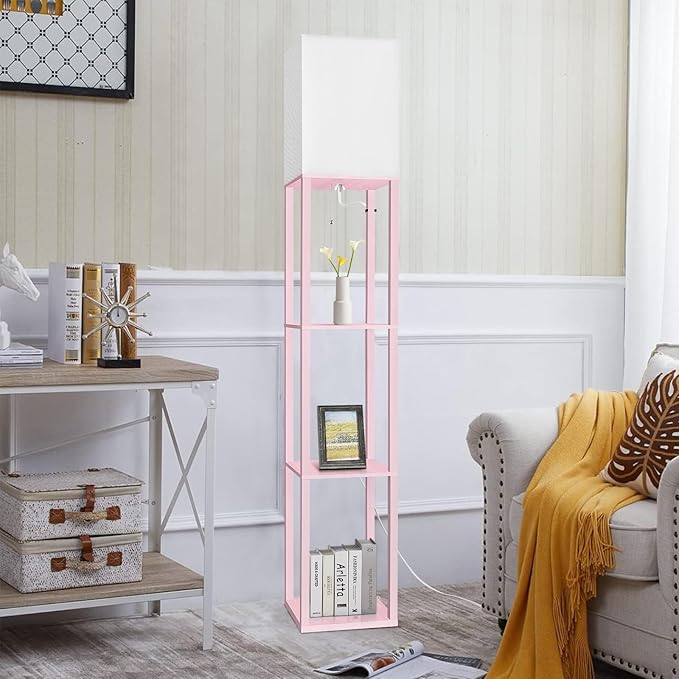 Dott Arts Floor Lamp with Shelves, Floor Lamps for Living Room Decor Display Shelf Lamps with 3 Color LED Bulb, Modern Floor Lamp for Bedroom Standing Lamp for Living Room Office,Home Decor(Pink)