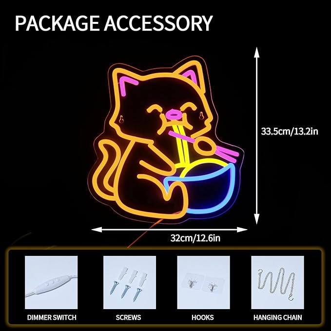 Cat Ramen Neon Sign for Wall Decor Dimmable Led Lights Signs Cat LED Signs for Home Bar Yellow Noodles Neon Light Room Decor for Bedroom Kitchen Restaurant Gift USB Powered