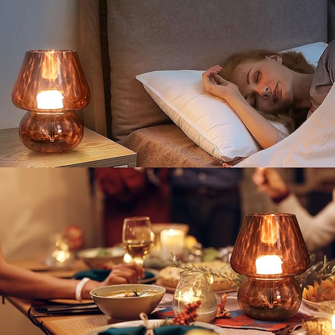 USB Plug-in Vintage Mushroom Lamp Small Bedside Table Lamp with 3 Temperature LED Bulb,Free Dimming Nights Light for Bedroom/Living Room/Entryway/Corner Decor New Home Gift (Golden Amber)