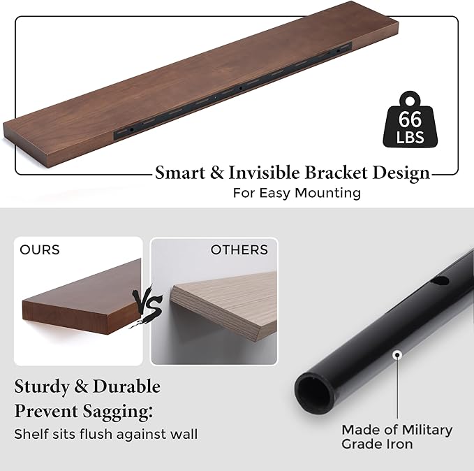 Axeman Floating Shelves, 8 Inch Deep Modern Solid Wood Wall Shelves for Storage, Wall Mounted Display Shelving with Invisible Heavy-Duty Metal Bracket, 48" W x 8" D x 1.6" H, Walnut
