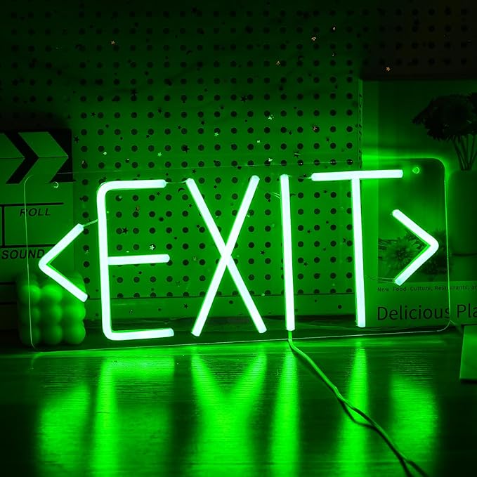Exit Neon Sign For Business Way Out Led Closed Sign Light, Green Letter Neon Signs For Building Hotel Restaurant Bar Supermarket Mall Museum Coffee Sign For Pizza Store Atm Party Supplies
