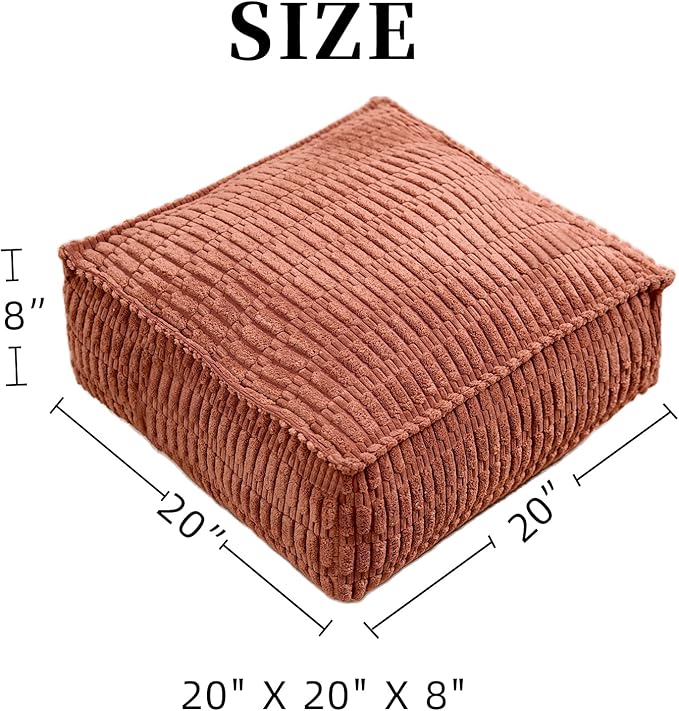Unstuffed Pouf Ottoman Cover Soft Storage Extra Seat Farmhouse Comfortable Bohemian Poufs Accent Footrest 20x20x8 Inches for Living Room Bedroom Study Nook (Caramel B, Square)