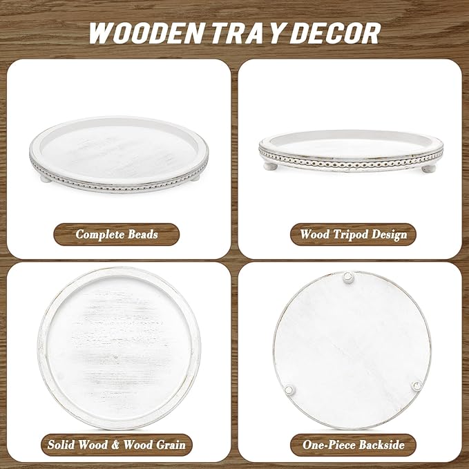 KULEDM White Washed Round Wooden Tray, Beaded Tray for Coffee Table Decor, Decorative Tray for Coffee Table, Dining Room Table Entryway and Living Room Table, Weathered White