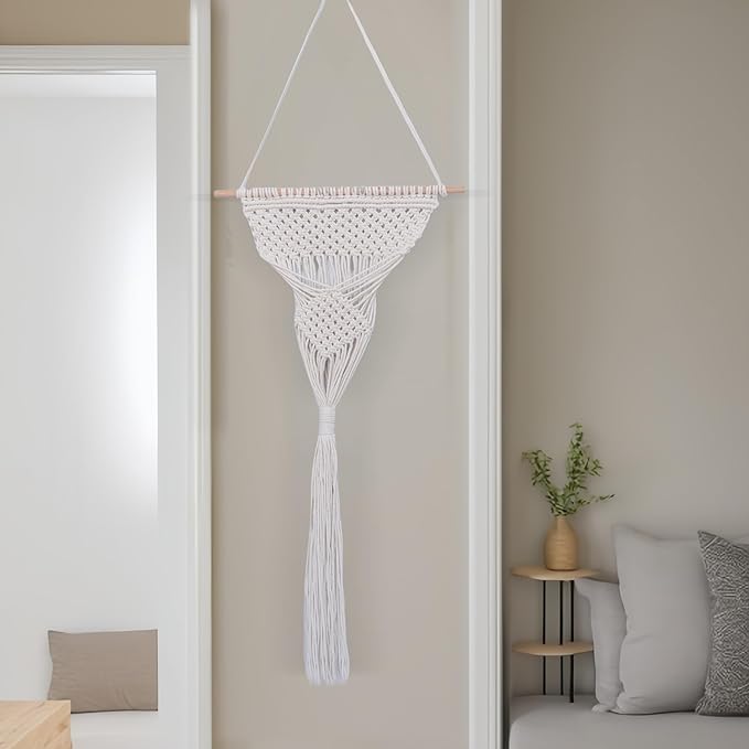 GYASVWU Cotton Rope Boho Wall Decor, Macrame Wall Hanging Decor, White Wall Art with Woven Pocket, Woven Wall Decor for Dried Flower Storage/Pampas Grass Decor/Living Room Decor/Bedroom Decor (White)
