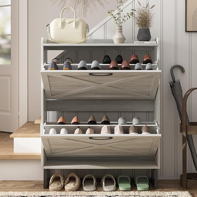 Maupvit Shoe Storage Cabinet with 2 Flip Drawers, Freestanding Organizer with Metal Legs for Entryway, Narrow Shoe Rack Cabinet, Beige