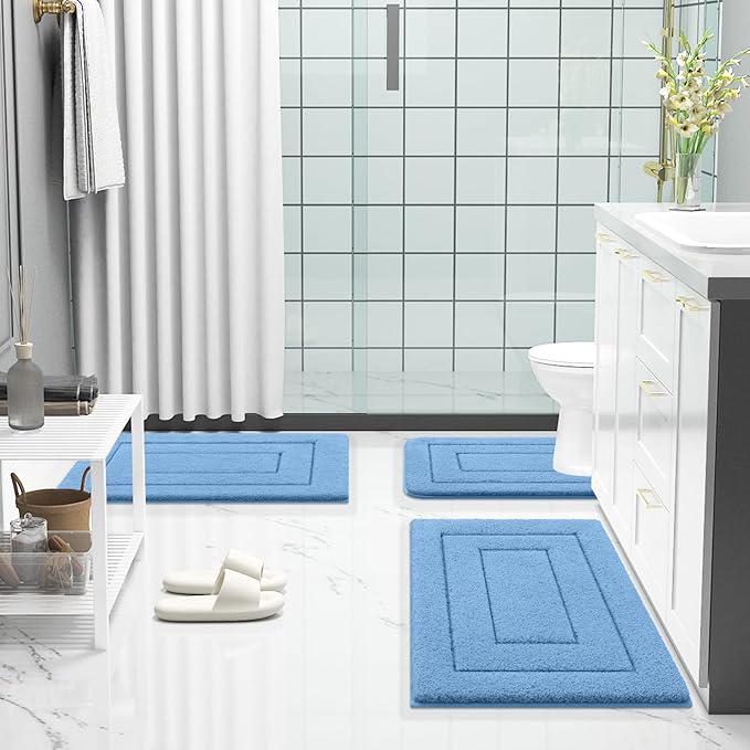 Buganda Bathroom Rugs, 24" x 16", Soft and Absorbent Microfiber Bath Rugs, Non-Slip Shaggy Shower Carpet, Machine Wash Dry Bath Mats for Bathroom Floor, Tub and Shower, Blue