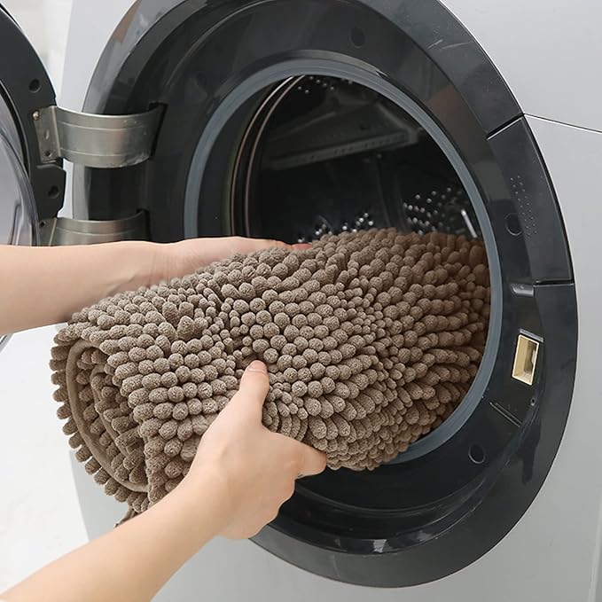 ACCUMTEK Striped Dark Beige Toilet Bathroom Rug Mat 24" x 20" Contour Rug Ultra Soft, Non Slip Chenille Bath Rugs, Absorbent Plush Shaggy Bath Mats for Bathroom, Bedroom, Kitchen, Shower, Tub,Taupe
