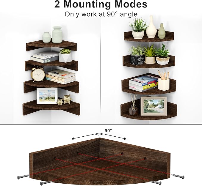 Alsonerbay Corner Shelf Wall Mount, Floating Shelves for Wall Storage and Display, Set of 4 Rustic Wood Shelves for Bedroom, Kitchen, Living Room, Nursery and Office (Dark Brown)