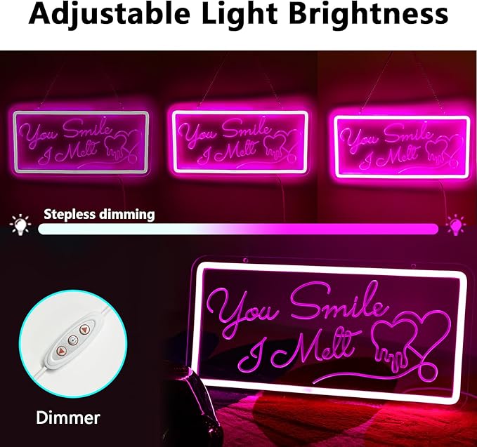 Neon Sign for Wall Decor, You Smile, I Melt Neon Signs, Pink Led Light Neon Signs with Dimmable Switch, USB Powered, Bedroom, Birthday, Living Room Decor, Girlfriend Gift