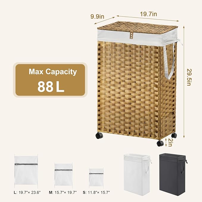 88L Slim Laundry Hamper with Wheels, 23.3 Gallon Rolling Laundry Basket with Lid, Tall and Narrow Laundry Hamper with 2 Removable Liner & 3 Mesh Laundry Bags, Laundry Sorter for Bathroom, Natural