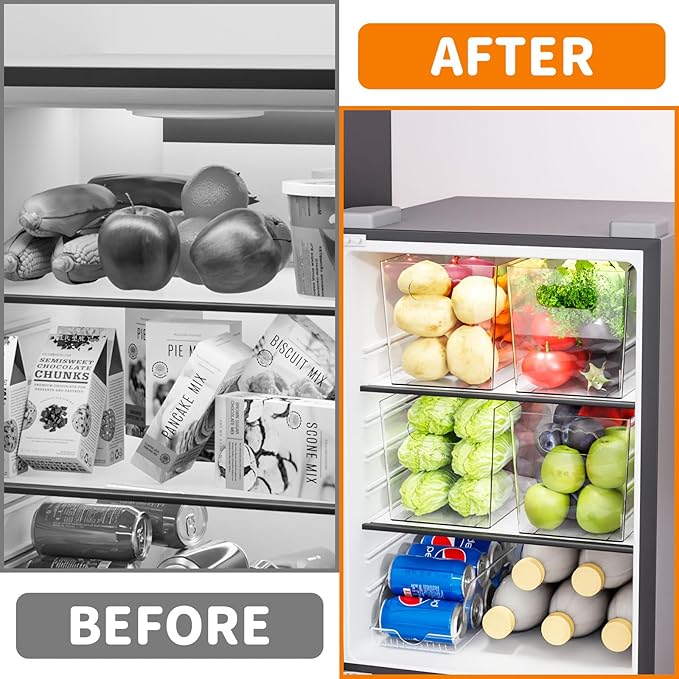 6 Pack Clear Plastic Storage Bins for Freezer,Pantry Storage Containers,11″ Large Snack,Food Storage Bins with Handle for Shelves,Refrigerator,Kitchen,Cabinet,Acrylic Bins for Cleaning Supply Storage