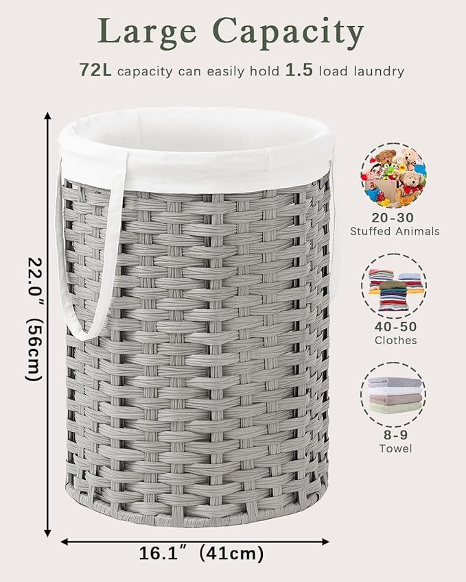 Laundry Hamper Laundry Basket Round 19.0 Gal (72 L) Handwoven Rattan Laundry Basket, Large Wicker Laundry Hamper with Removable Laundry Bag Handles 2 Mesh Bags for Bathroom Living Room Gray