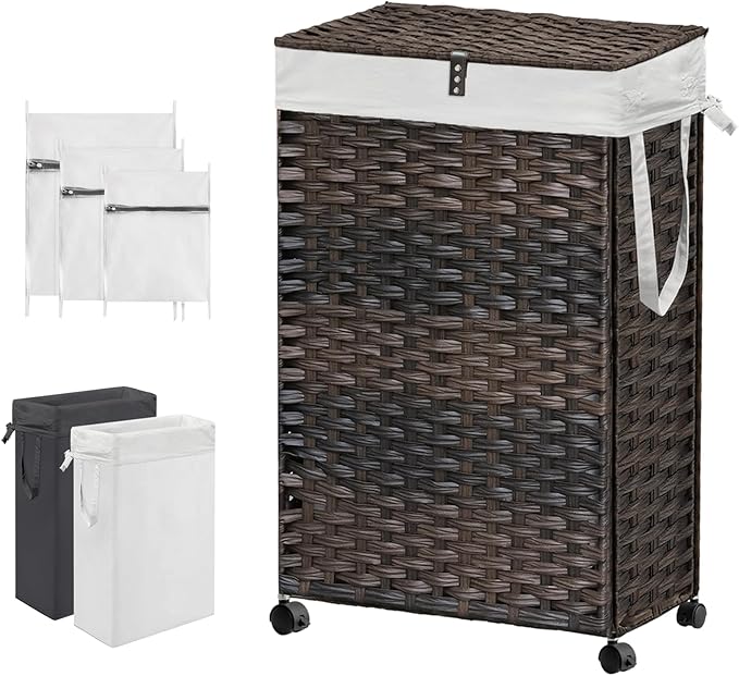 88L Slim Laundry Hamper with Wheels, 23.3 Gallon Rolling Laundry Basket with Lid, Tall and Narrow Laundry Hamper with 2 Removable Liner & 3 Mesh Laundry Bags, Laundry Sorter for Bathroom, Brown