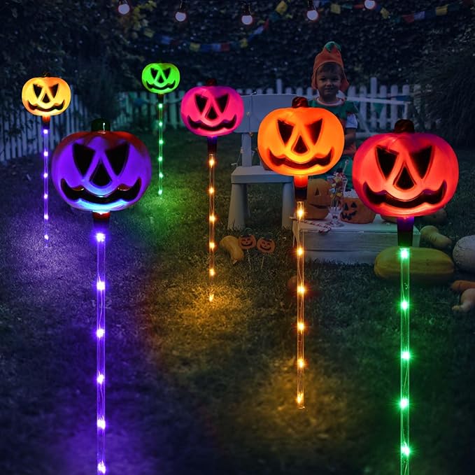Homeleo Set of 6 Solar Pumpkin Pathway Lights for Halloween Decorations Outdoor, Color Changing Outdoor Lights, Light up Jack O Lantern Pumpkins Party Porch Yard HLD578