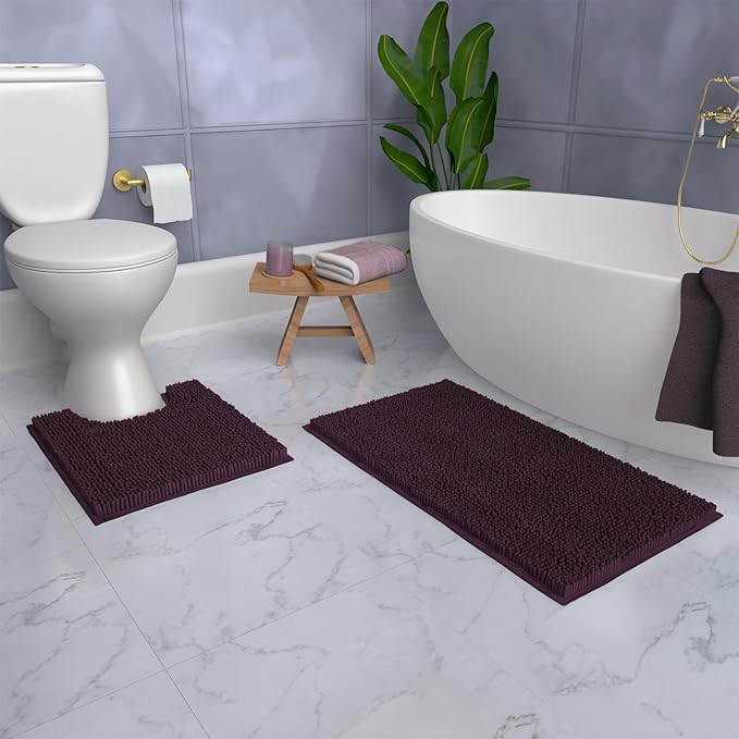 LuxUrux Bathroom Rugs Sets 2 Piece: Quick Dry, Soft Plush Anti-Slip, Super Absorbent. Includes Rectangular (31x20 inches) & U-Shaped Toilet Mat (20x20 inches) | Plum