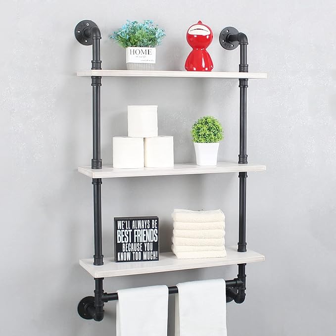 Industrial Pipe Shelving,Iron Pipe Shelves Industrial Bathroom Shelves with Towel bar,24in Rustic Metal Pipe Floating Shelves Pipe Wall Shelf,3 Tier Industrial Shelf Wall Mounted,Black & White