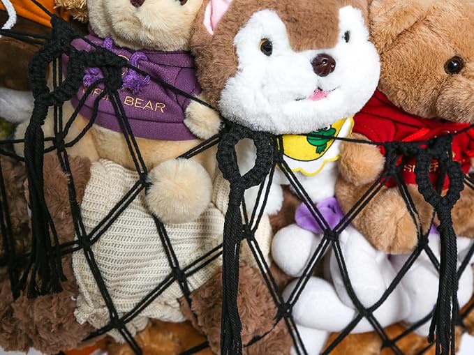 Large Stuffed Animal Net Hammock Macrame Toy Diaplay Plush Toy Holder Ceiling Hanging Net for Stuffed Animal Storage Kid Bedroom Boho Nursery Decor (Black, Small)